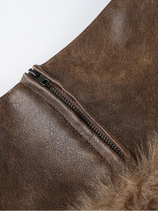 Low-rise Zippered Leather Paneled Fur Skirt -- YKIIY CLOTHING