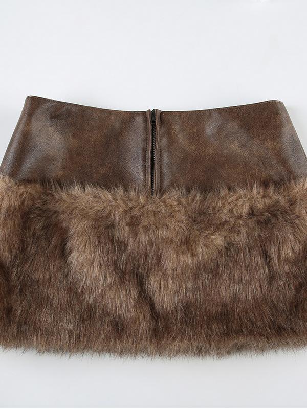 Low-rise Zippered Leather Paneled Fur Skirt -- YKIIY CLOTHING