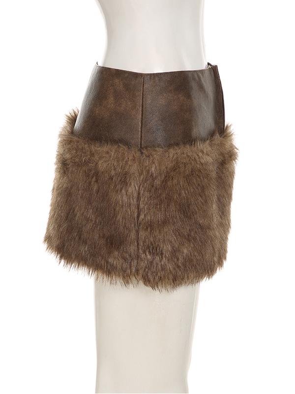 Low-rise Zippered Leather Paneled Fur Skirt -- YKIIY CLOTHING