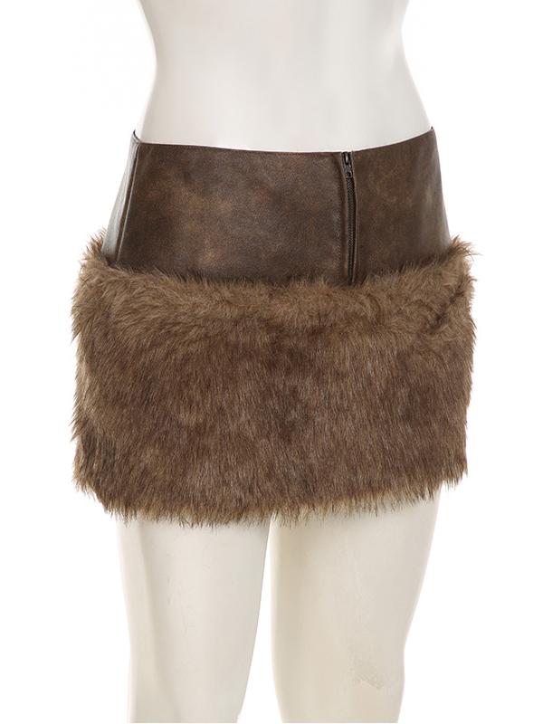 Low-rise Zippered Leather Paneled Fur Skirt -- YKIIY CLOTHING