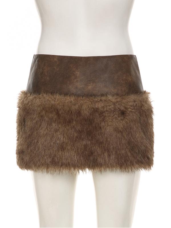 Low-rise Zippered Leather Paneled Fur Skirt -- YKIIY CLOTHING