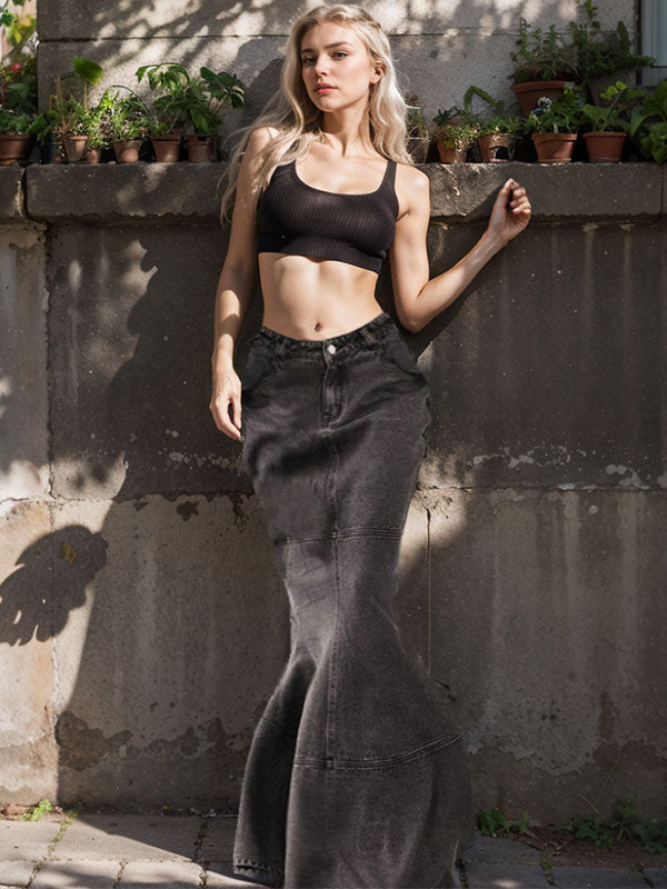 Mermaid Button Bodycon Denim Skirt -- YKIIY CLOTHING
