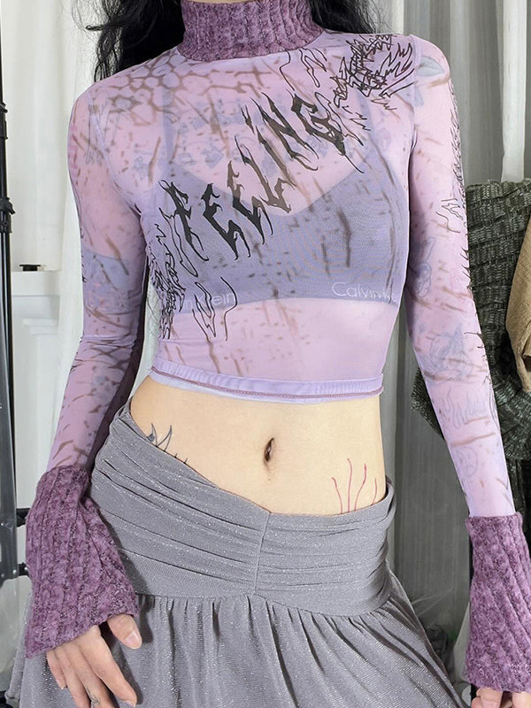 Patchwork High Neck See Through T-Shirt -- YKIIY CLOTHING
