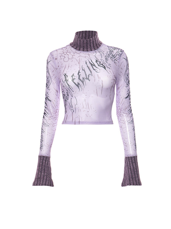 Patchwork High Neck See Through T-Shirt -- YKIIY CLOTHING