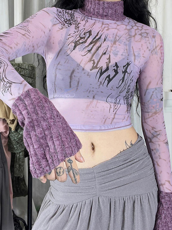 Patchwork High Neck See Through T-Shirt -- YKIIY CLOTHING