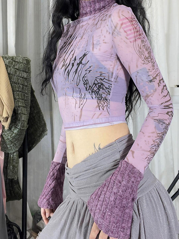 Patchwork High Neck See Through T-Shirt -- YKIIY CLOTHING