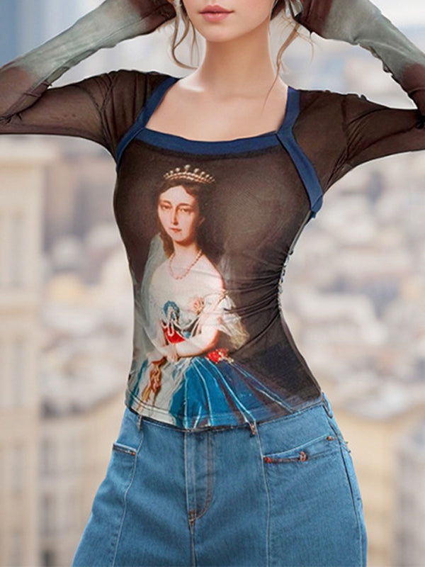 Patchwork Mesh Square Neck T-Shirt -- YKIIY CLOTHING