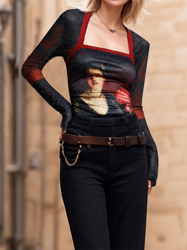 Patchwork Mesh Square Neck T-Shirt -- YKIIY CLOTHING