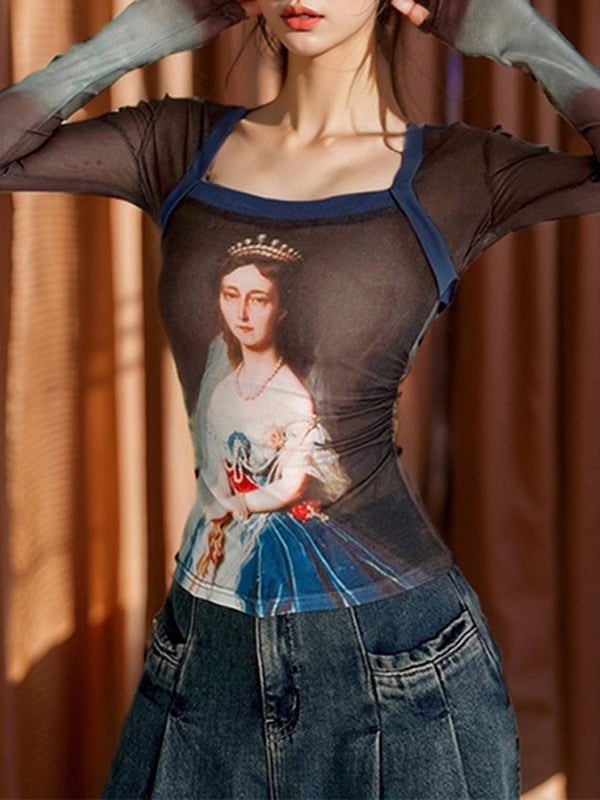 Patchwork Mesh Square Neck T-Shirt -- YKIIY CLOTHING