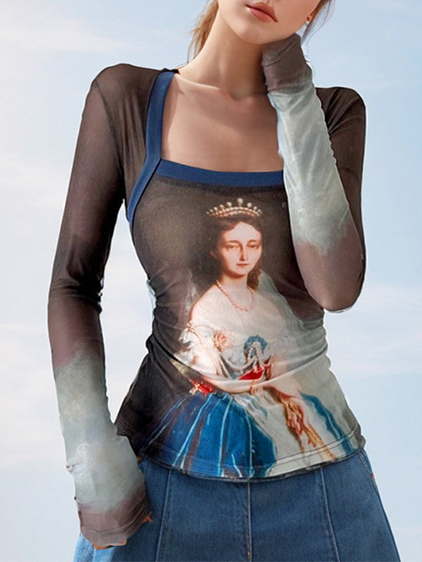 Patchwork Mesh Square Neck T-Shirt -- YKIIY CLOTHING