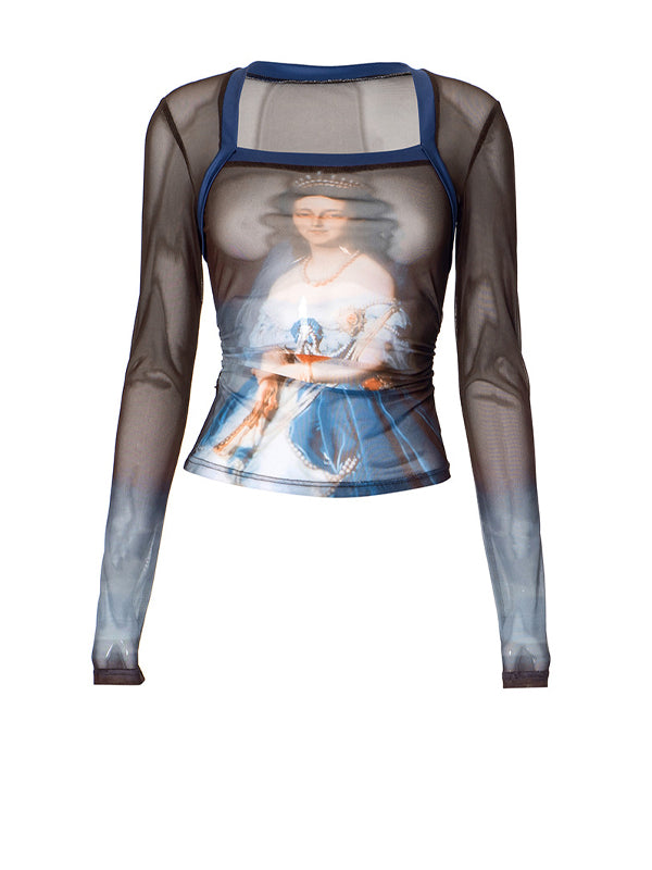 Patchwork Mesh Square Neck T-Shirt -- YKIIY CLOTHING