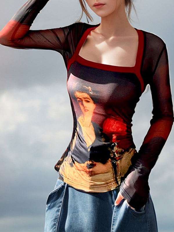 Patchwork Mesh Square Neck T-Shirt -- YKIIY CLOTHING