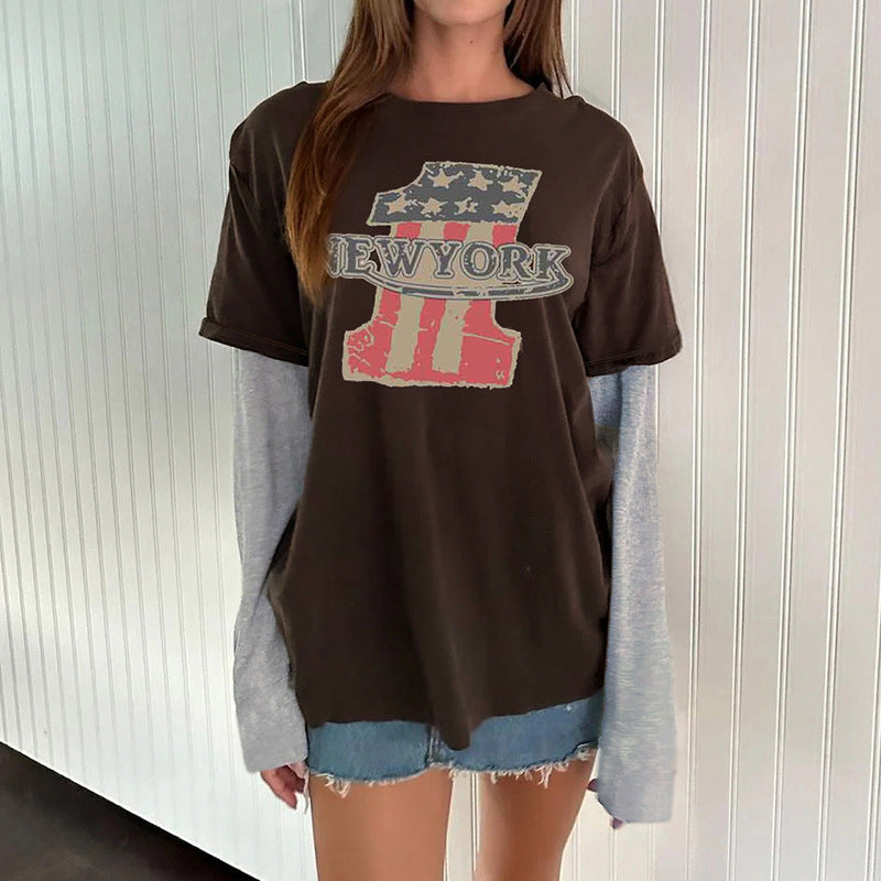Printed Splicing Long Sleeve Fake Two-piece Bottoming -- YKIIY CLOTHING