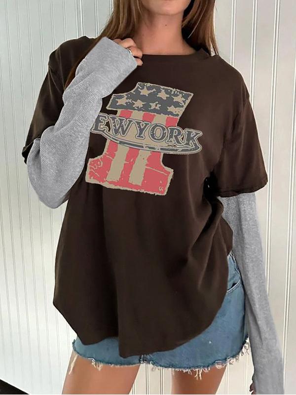 Printed Splicing Long Sleeve Fake Two-piece Bottoming -- YKIIY CLOTHING