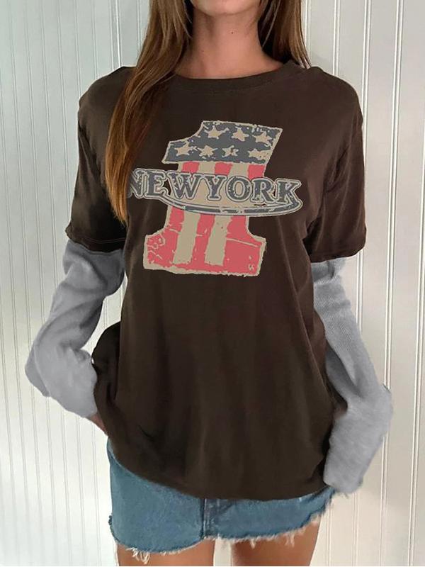 Printed Splicing Long Sleeve Fake Two-piece Bottoming -- YKIIY CLOTHING