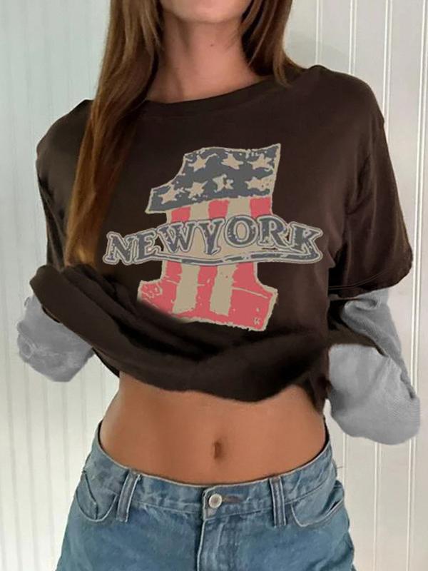 Printed Splicing Long Sleeve Fake Two-piece Bottoming -- YKIIY CLOTHING