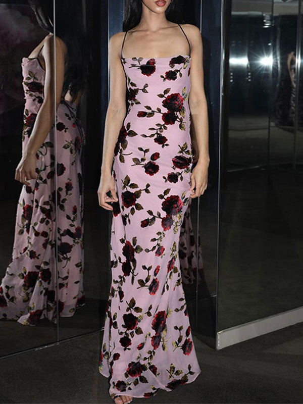 Rose Floral Printed Cross Strap Maxi Dress -- YKIIY CLOTHING