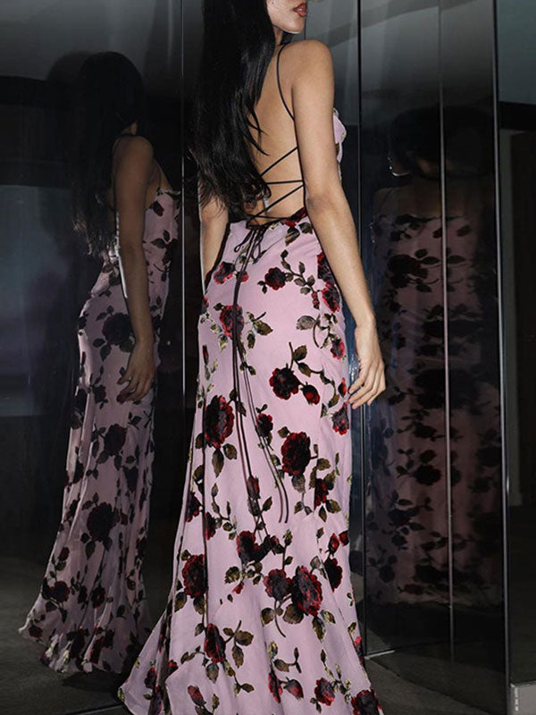 Rose Floral Printed Cross Strap Maxi Dress -- YKIIY CLOTHING