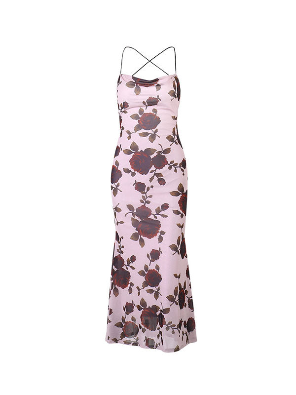 Rose Floral Printed Cross Strap Maxi Dress -- YKIIY CLOTHING