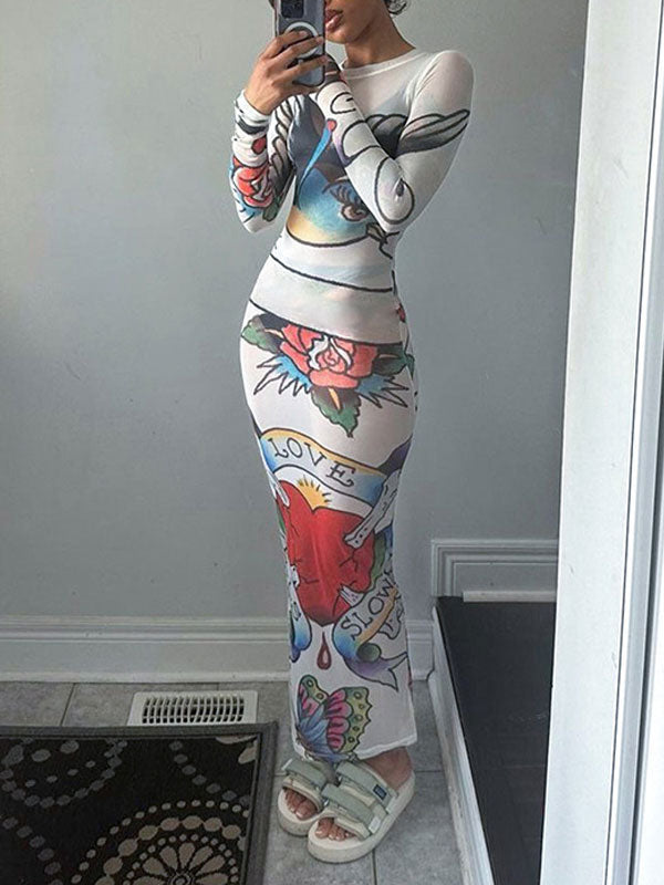 Round Neck Graffiti Mesh Slit Dress -- YKIIY CLOTHING
