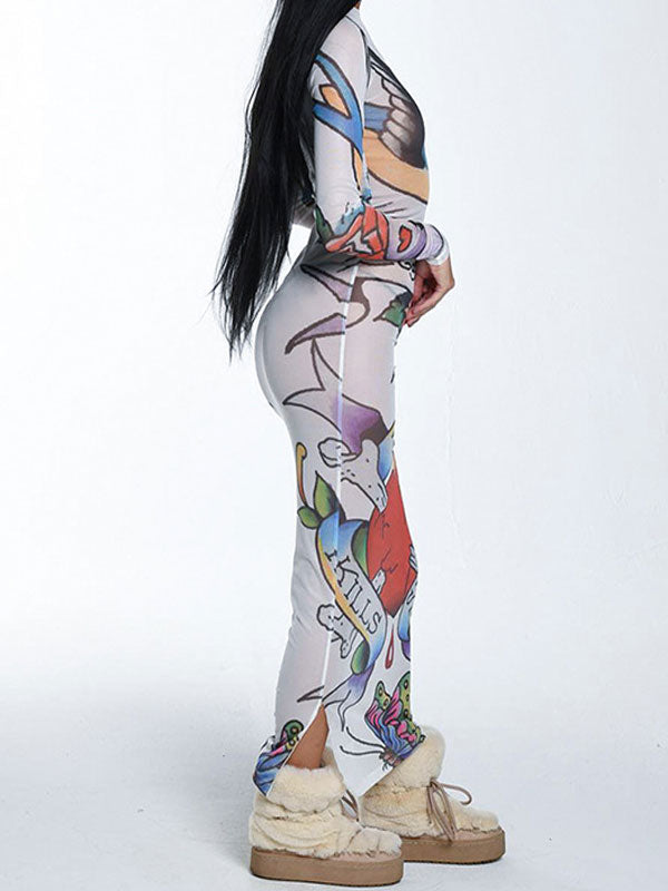 Round Neck Graffiti Mesh Slit Dress -- YKIIY CLOTHING