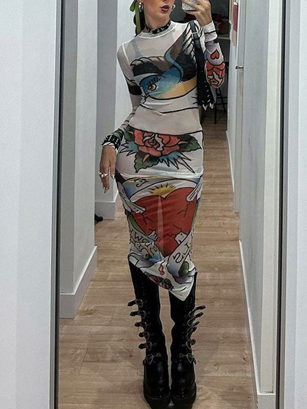 Round Neck Graffiti Mesh Slit Dress -- YKIIY CLOTHING