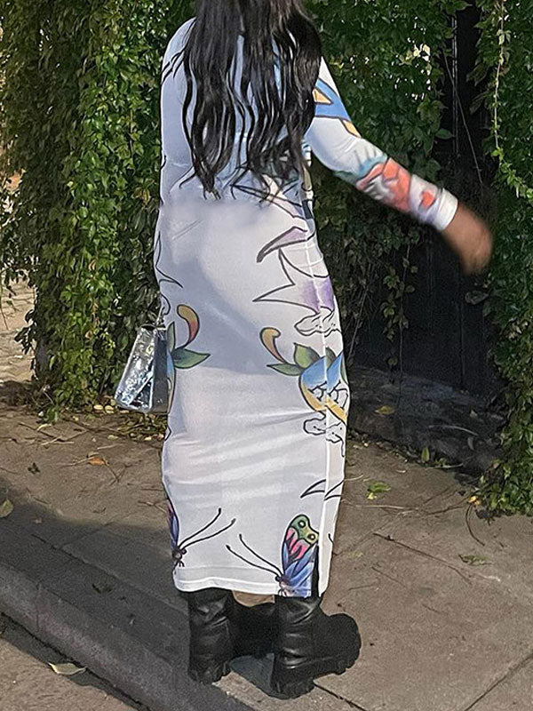 Round Neck Graffiti Mesh Slit Dress -- YKIIY CLOTHING