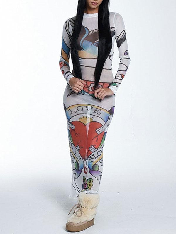 Round Neck Graffiti Mesh Slit Dress -- YKIIY CLOTHING