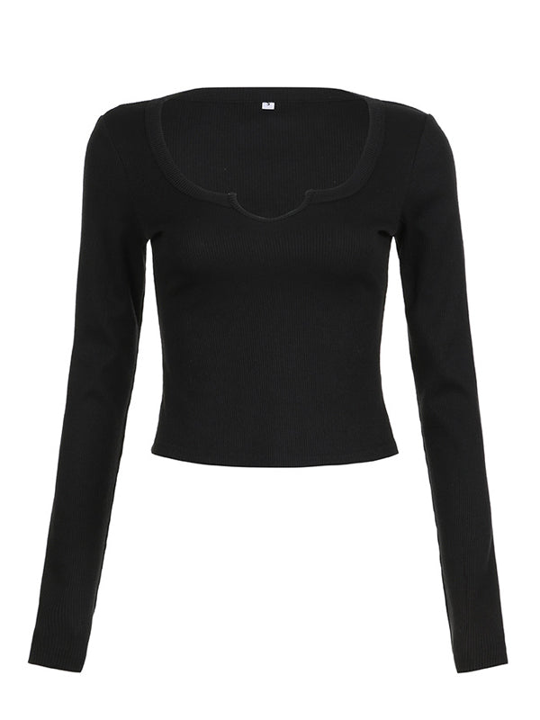 Solid U Collar Slim Long Sleeve T-Shirt -- YKIIY CLOTHING