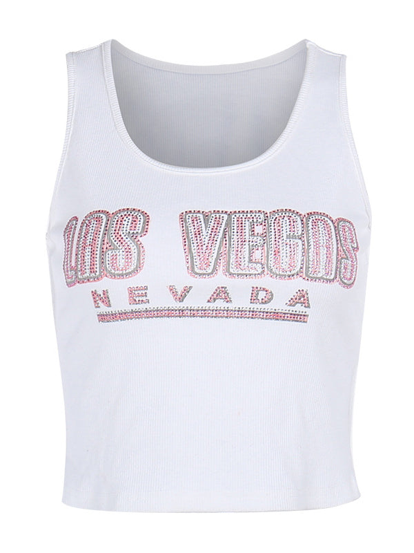 Spaghetti Strap Diamante Letters Camis -- YKIIY CLOTHING