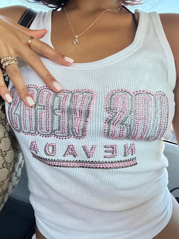 Spaghetti Strap Diamante Letters Camis -- YKIIY CLOTHING