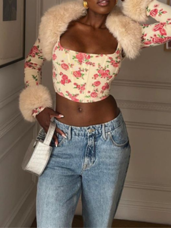 Square Neck Floral Printed Tops -- YKIIY CLOTHING