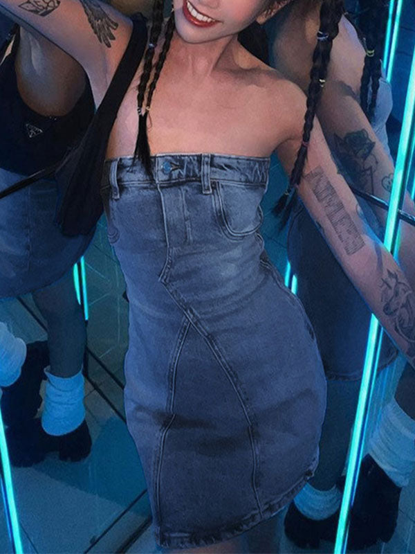 Strapless Solid Zipper Denim Bodycon Mini Dress -- YKIIY CLOTHING