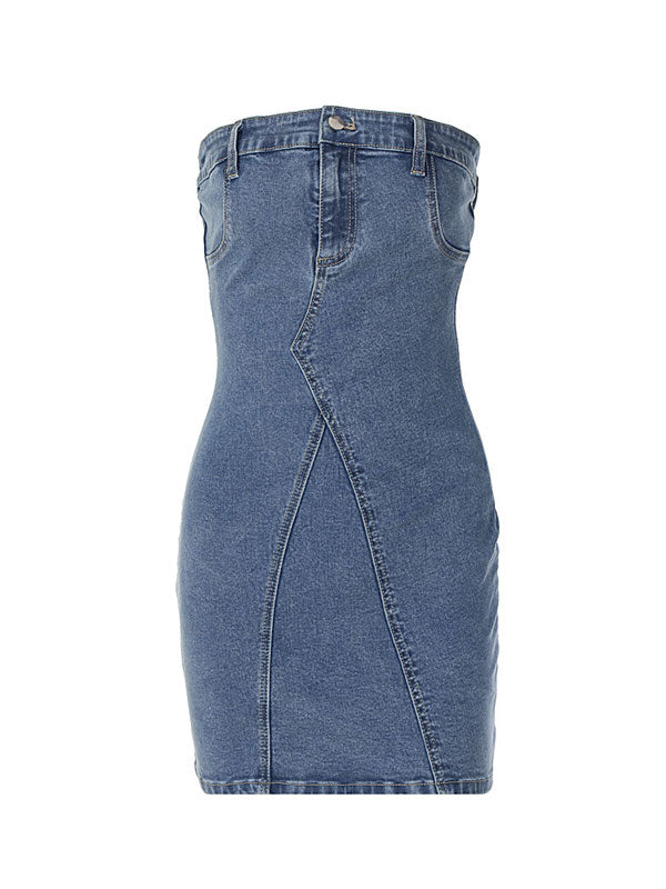 Strapless Solid Zipper Denim Bodycon Mini Dress -- YKIIY CLOTHING