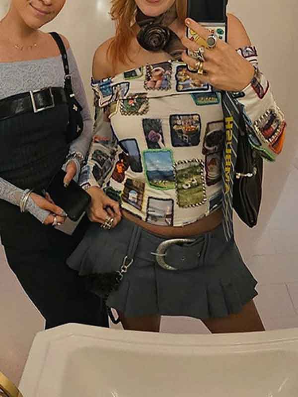 Stylish Printed Off Shoulder T-Shirt -- YKIIY CLOTHING