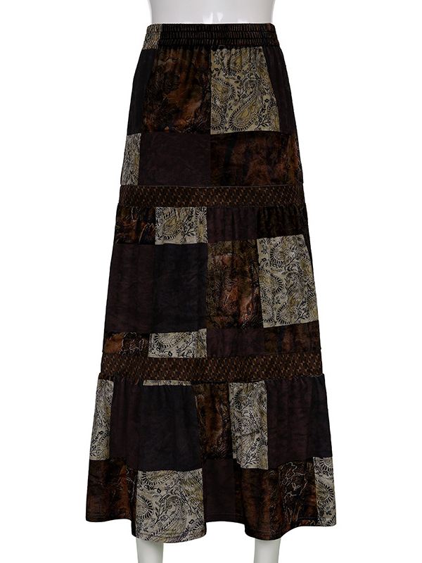 Totem Printed Vintage Velvet Midi Skirt -- YKIIY CLOTHING