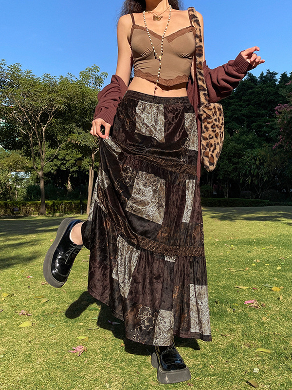 Totem Printed Vintage Velvet Midi Skirt -- YKIIY CLOTHING