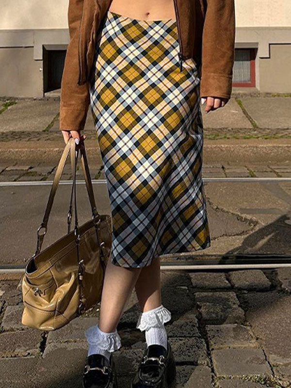 Vintage Gingham Zipper Midi Skirt -- YKIIY CLOTHING