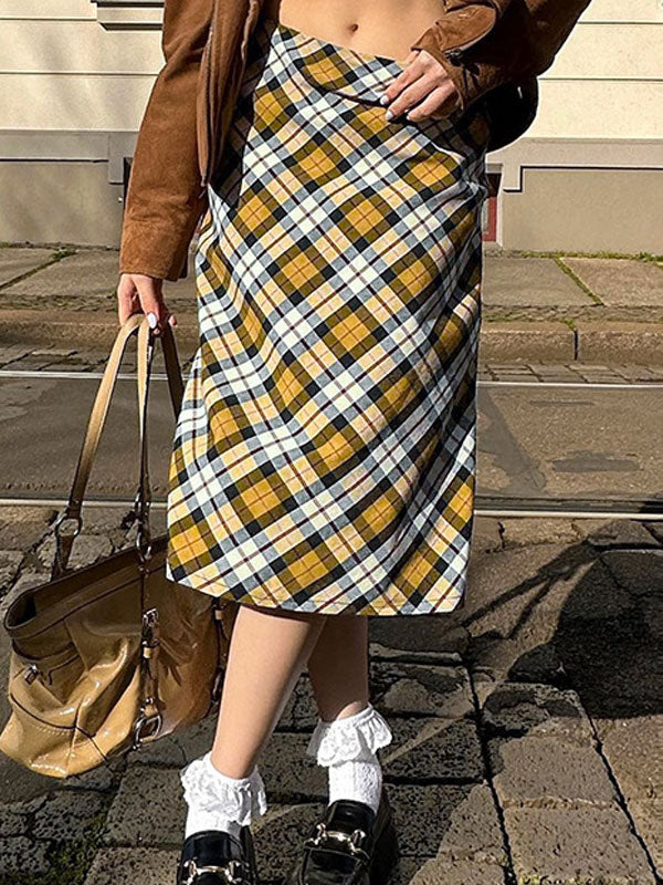 Vintage Gingham Zipper Midi Skirt -- YKIIY CLOTHING