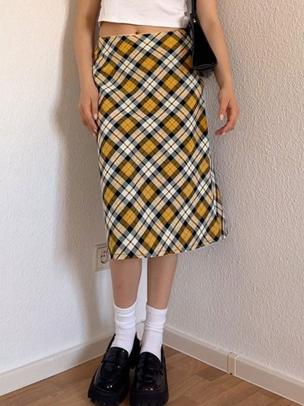 Vintage Gingham Zipper Midi Skirt -- YKIIY CLOTHING