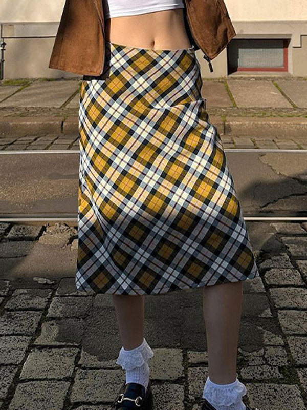 Vintage Gingham Zipper Midi Skirt -- YKIIY CLOTHING