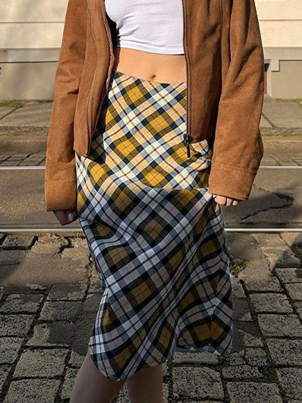 Vintage Gingham Zipper Midi Skirt -- YKIIY CLOTHING