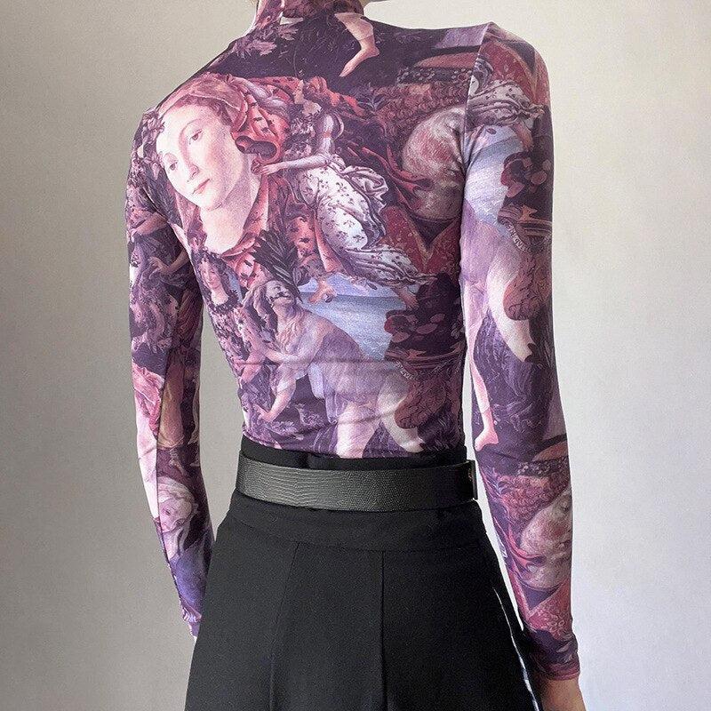 Y2K Angel Graphic Mesh Top -- YKIIY CLOTHING