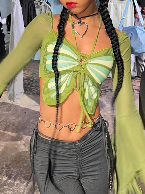 Y2K Butterfly Patchwork Halter T-Shirt -- YKIIY CLOTHING