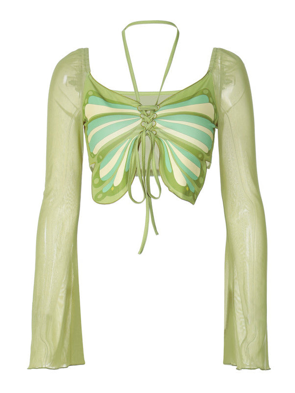 Y2K Butterfly Patchwork Halter T-Shirt -- YKIIY CLOTHING