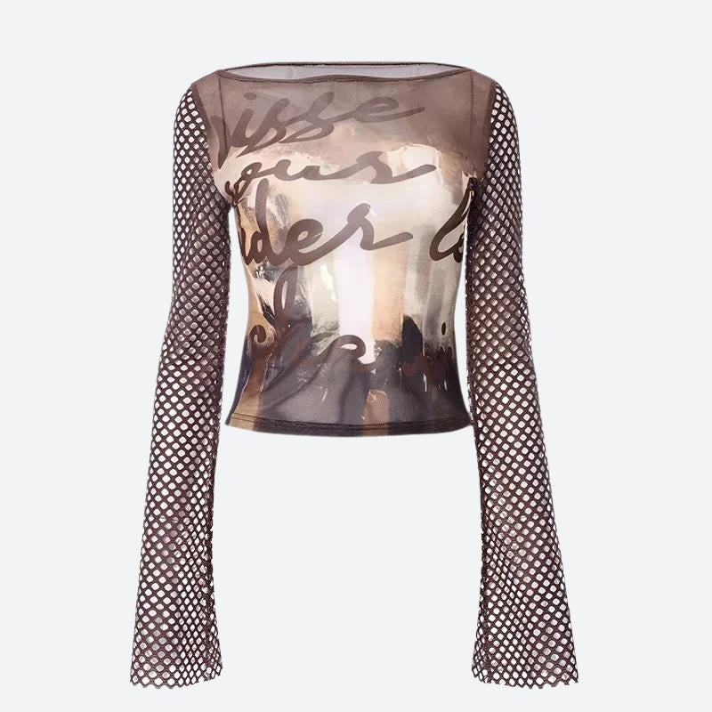 Y2K Fishnet Sleeve Mesh Top -- YKIIY CLOTHING