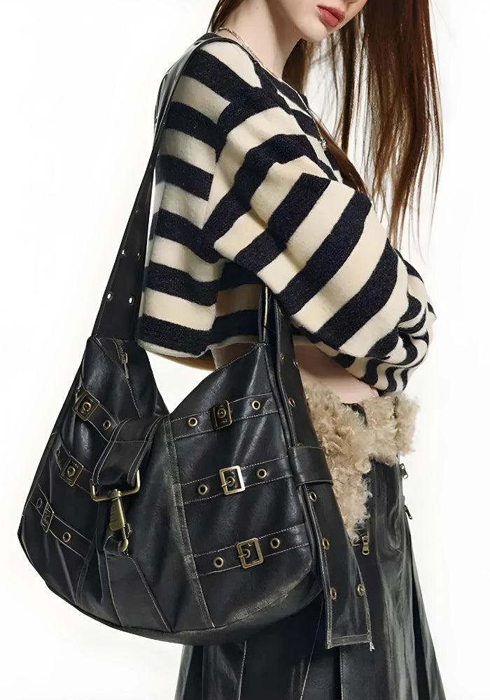 Y2K Grunge Faux Leather Belted Bag -- YKIIY CLOTHING