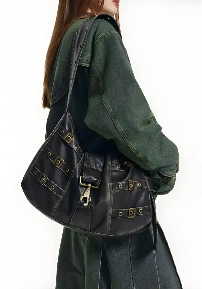 Y2K Grunge Faux Leather Belted Bag -- YKIIY CLOTHING