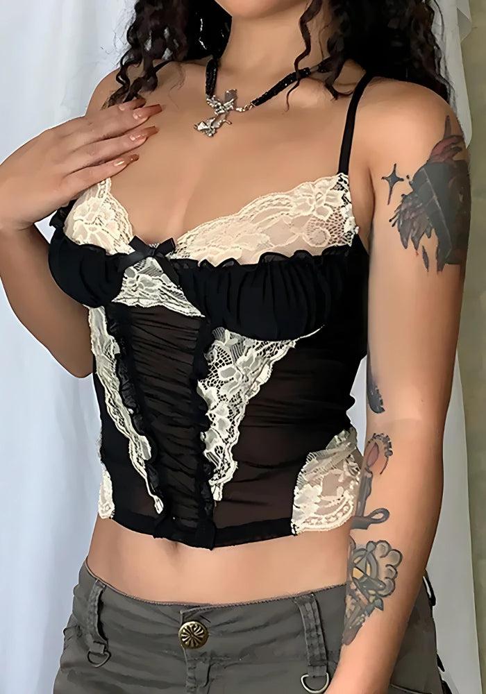 Y2K Lace Sheer Cropped Top -- YKIIY CLOTHING