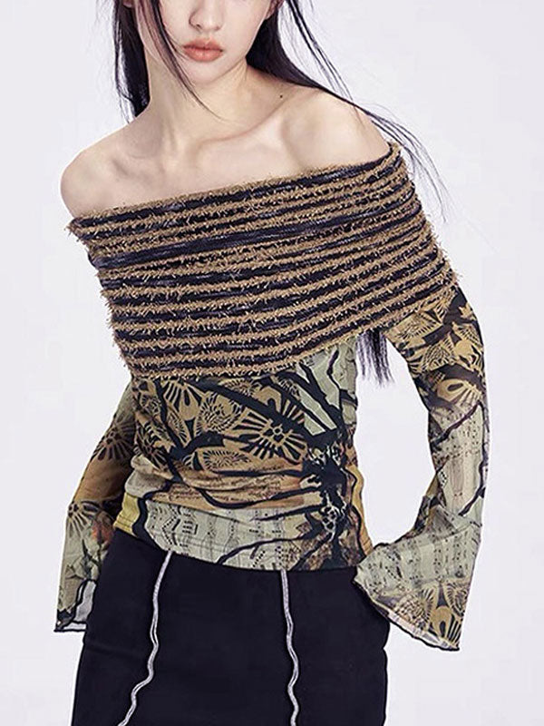 Y2K Off Shoulder Abstract Print T-Shirt -- YKIIY CLOTHING